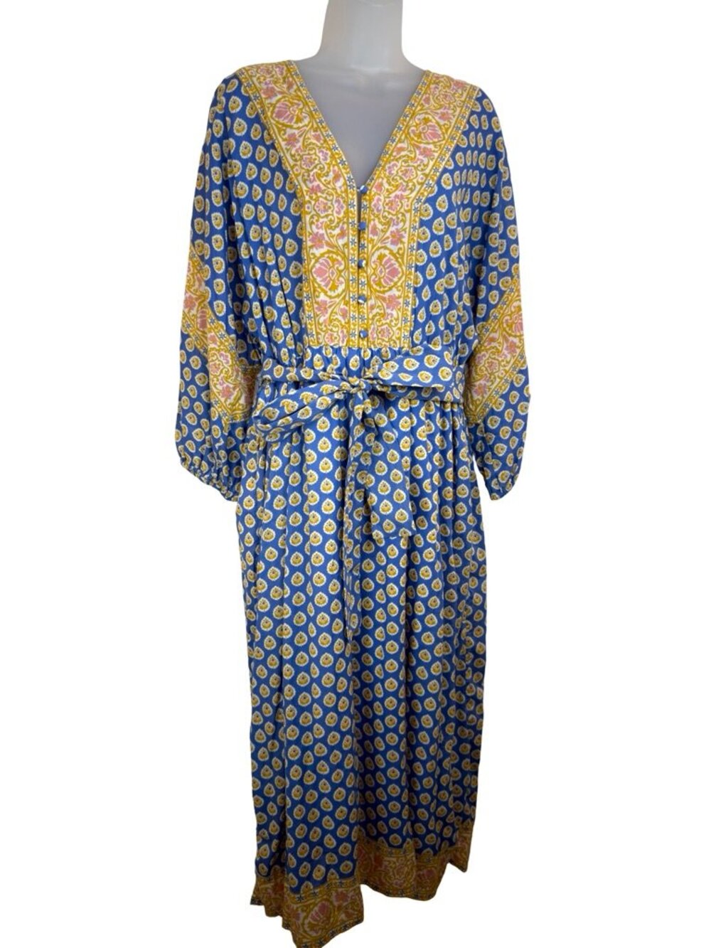 J. Crew Blue & Yellow Block Print Long Sleeve Cotton Midi Dress w/ Belt Large